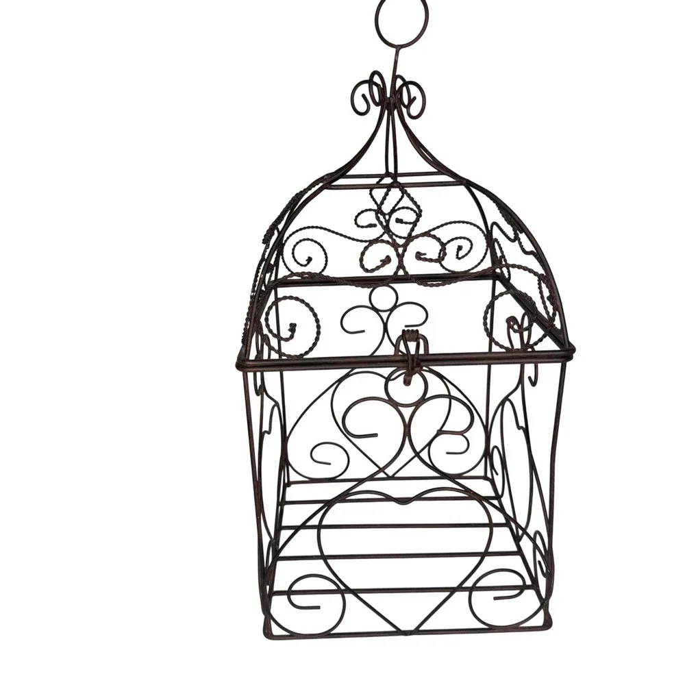 Vintage Cottagecore Bronze Wire Decorative Birdcage Heart Scrollwork Decor 13 in